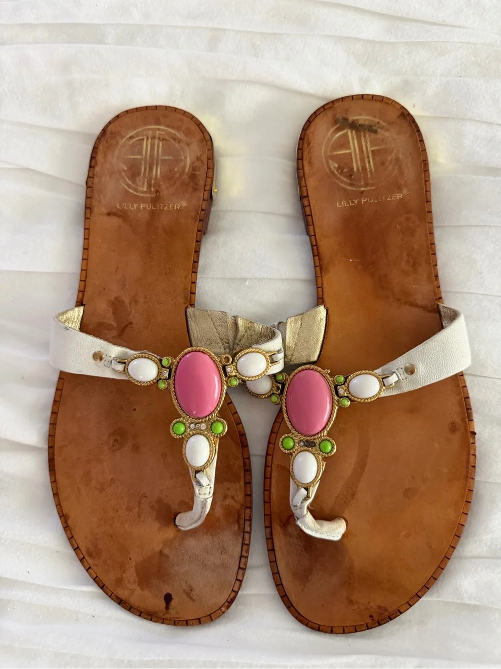Lilly Pulitzer White Leather Sandals with Pink and Lime Gemstones